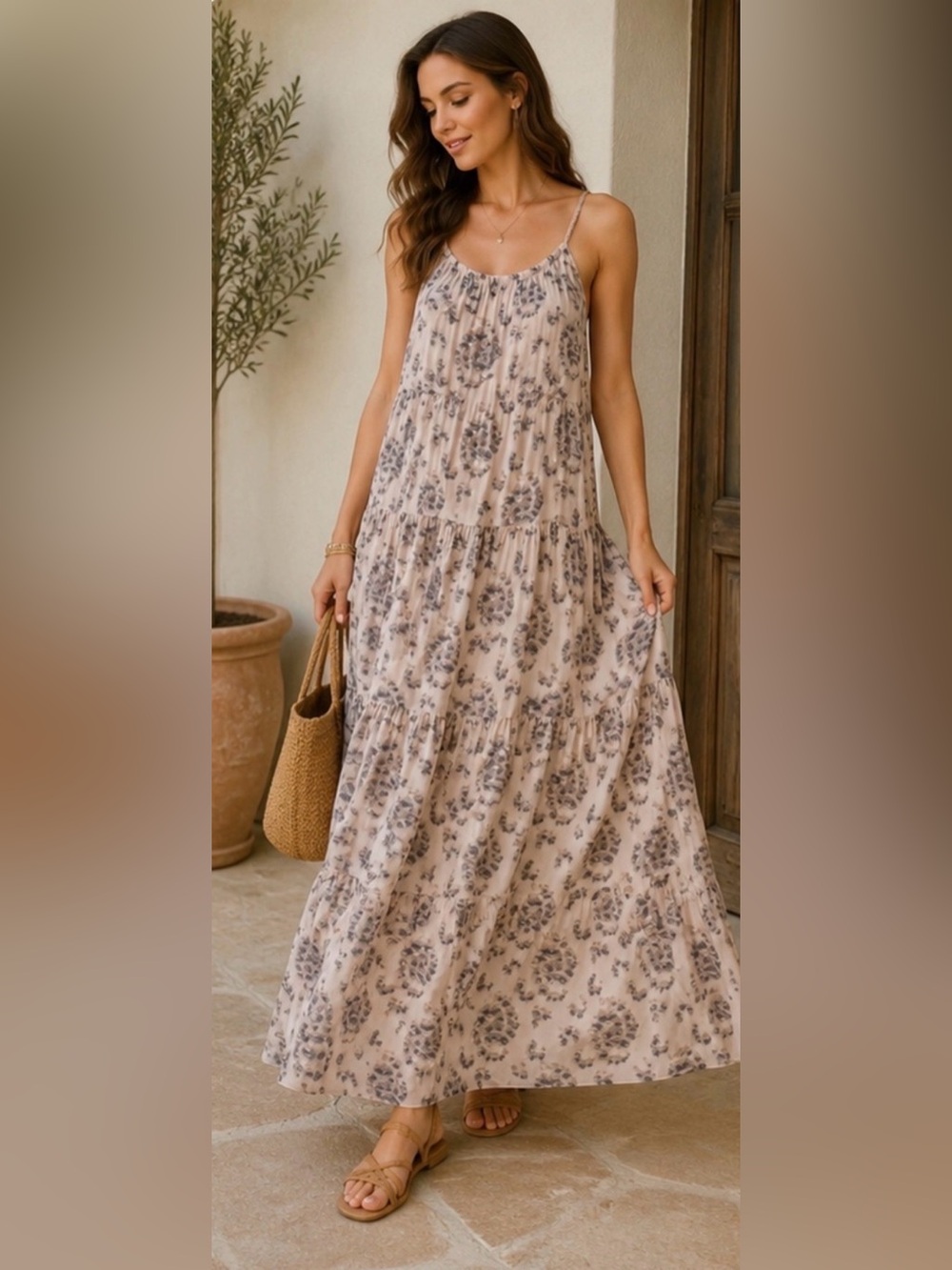 Elena Baldi Made in Italy Silk Blend Tiered Maxi Dress Size M